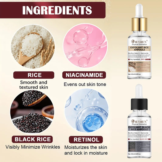 SUYARUN Rice & Black Rice Scrub & Serum Duo - Natural Exfoliating Kit for Face/Body | Pore Cleansing + Brightening Skincare Set.