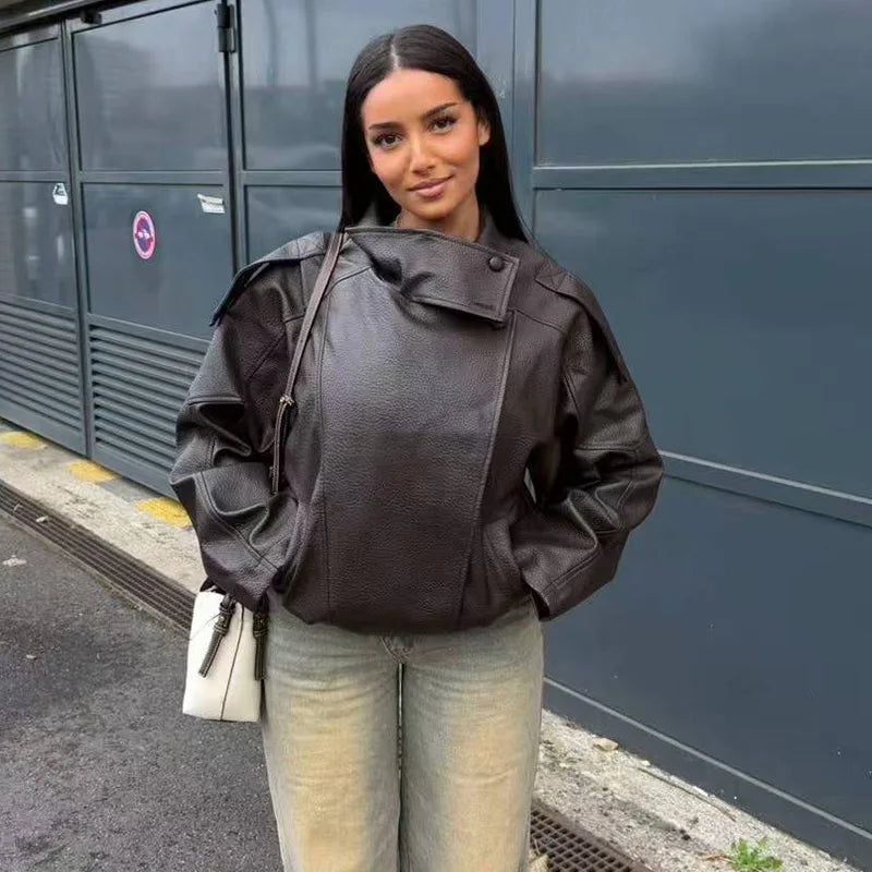 HXAO Black Jacket For Woman Outerwears Faux Leather Jacket Long Sleeve New In Coats And Jackets Zipper Bomber Motorcycle Jacket