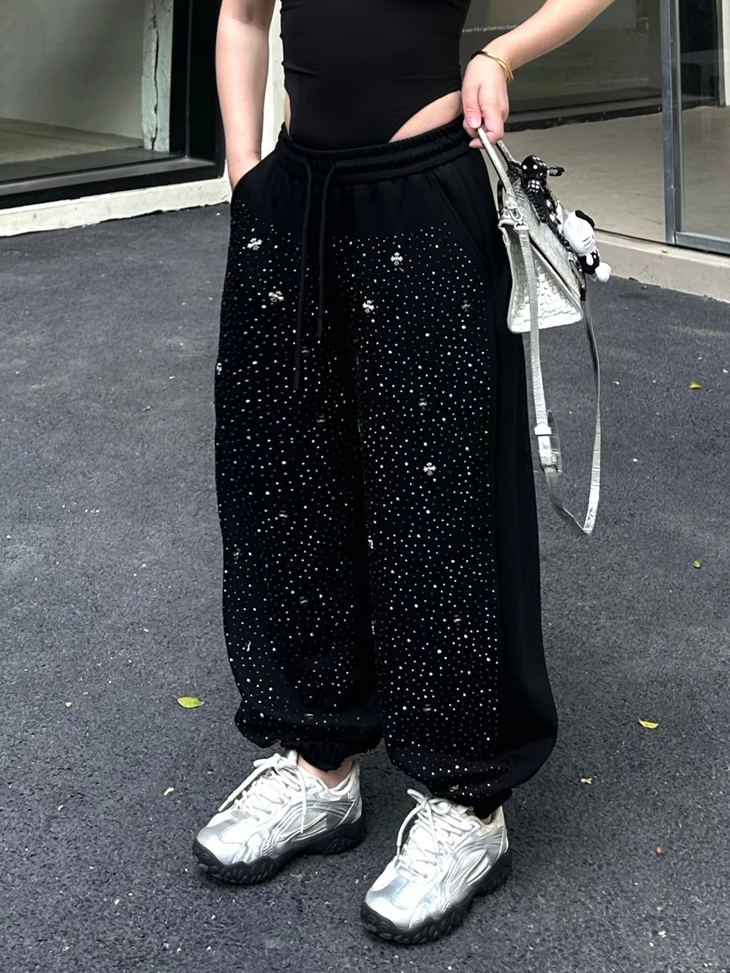 2026 Spring Hot Drilled Cotton Pants Women Elastic Waist Wide-Leg Pants Loose JLJ655