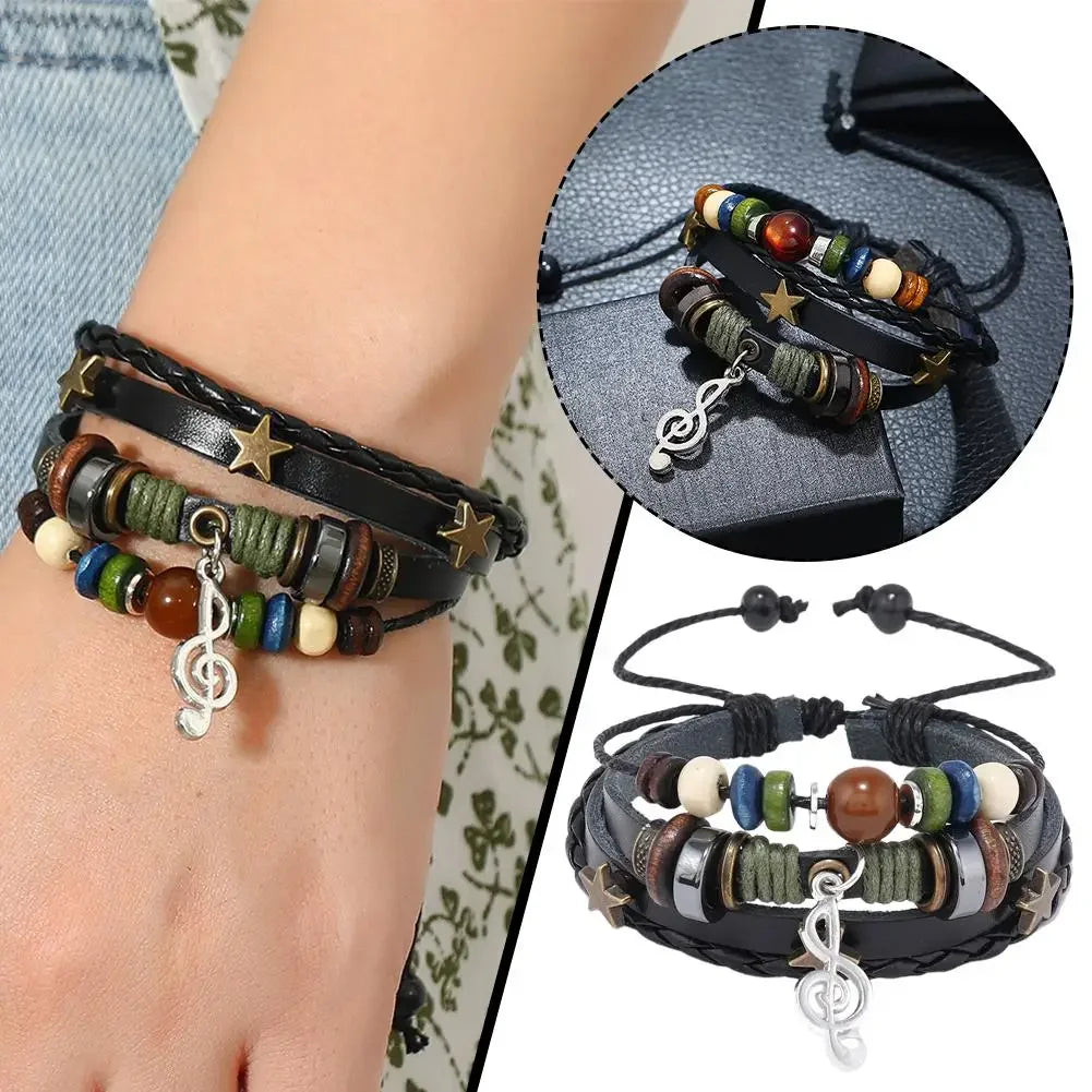 Adjustable 2026 Trendy Musical Note Wood Beads Niche Design Leather Gypsy Hippie Bracelet Vintage Rope Layered Bracelet