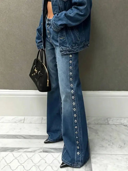 SHENGPALAE European And American Style Single-sided Multi Button Straight Leg Jeans For Women 2026 New
