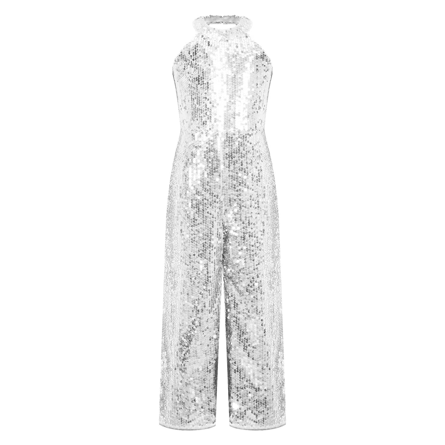 Kids Girls Jazz Dance Performance Jumpsuit Shiny Sequin Sleeveless Halter Romper Birthday Wedding Party Dancing Prom Bodysuit