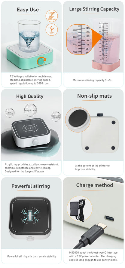 WESTTUNE Laboratory Magnetic Stirrer with Stir Bar 2000rpm/3000rpm Magnetic Mixer Max Stirring 3L Capacity Stir Plate Lab Supply