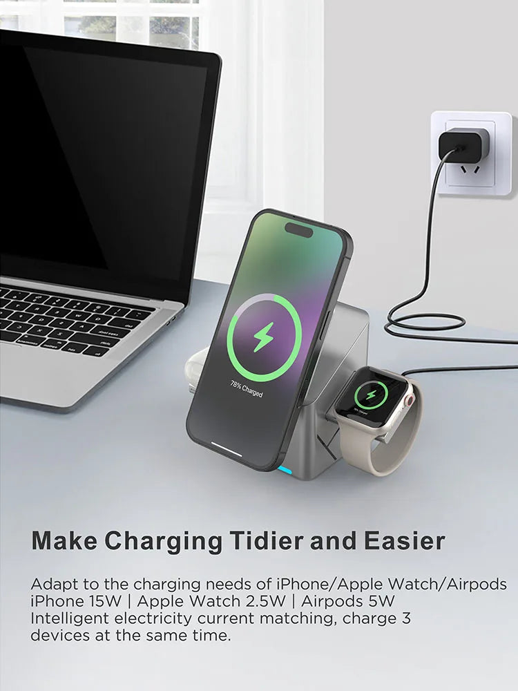 Qi2 3 in 1 Magsafe Wireless Chargers Station for iPhone & Samsung Magnetic Charging Dock for Apple Watch Charger