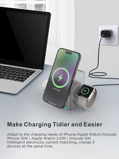 Qi2 3 in 1 Magsafe Wireless Chargers Station for iPhone & Samsung Magnetic Charging Dock for Apple Watch Charger