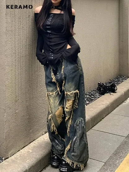 Winter Punk Sexy Vintage Ripped Harajuku Loose Jeans Y2K Hollow Out Trashy Pants Women's BaggyTassels Denim Trouser