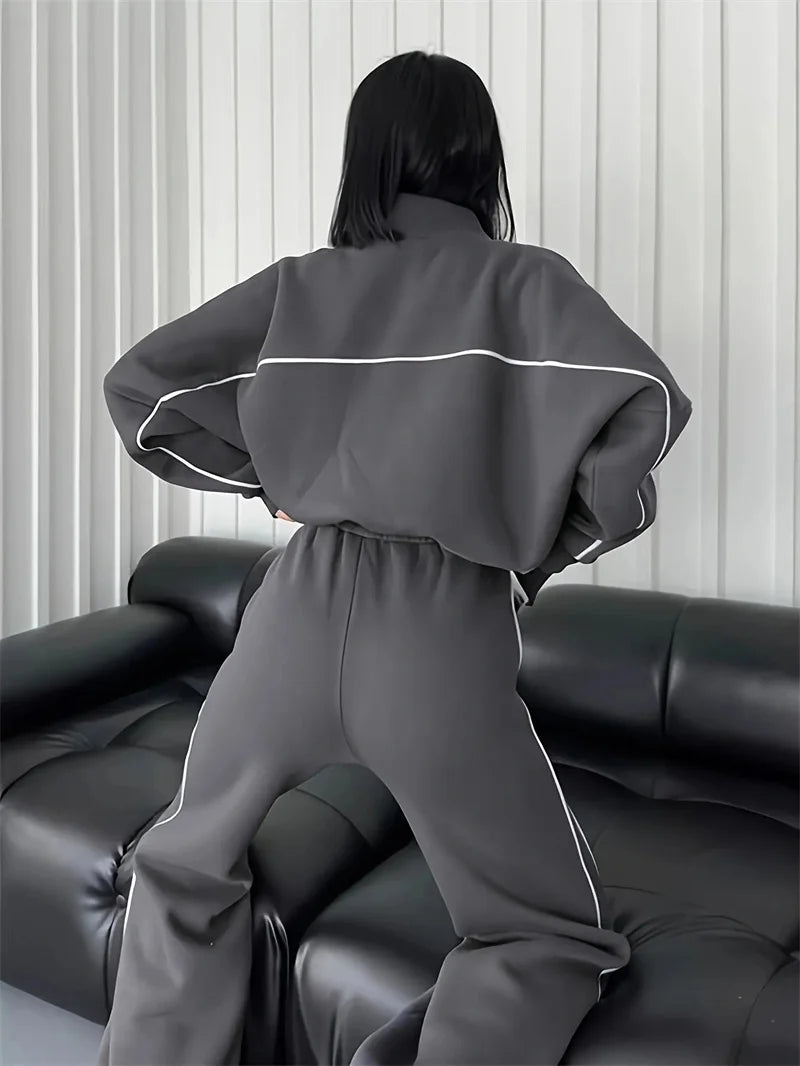 Sweatshirt Two-piece Suit Women's Oversize Striped Casual Sports Sets Zipper-up Short Jacket Straight Trousers 2-piece Sets