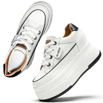 Fujin 9cm 3 inch comfortable platform sneakers for women Genuine Leather Women Vulcanized Shoes Platform High Heels Casual Shoes