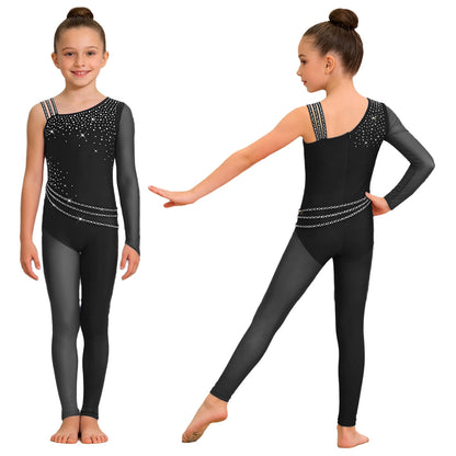 Kids Girls Ballet Dance Gymnastics Leotard Shiny Rhinestones Mesh Asymmetrical Jumpsuit for Figure Skating Acrobatic Performance