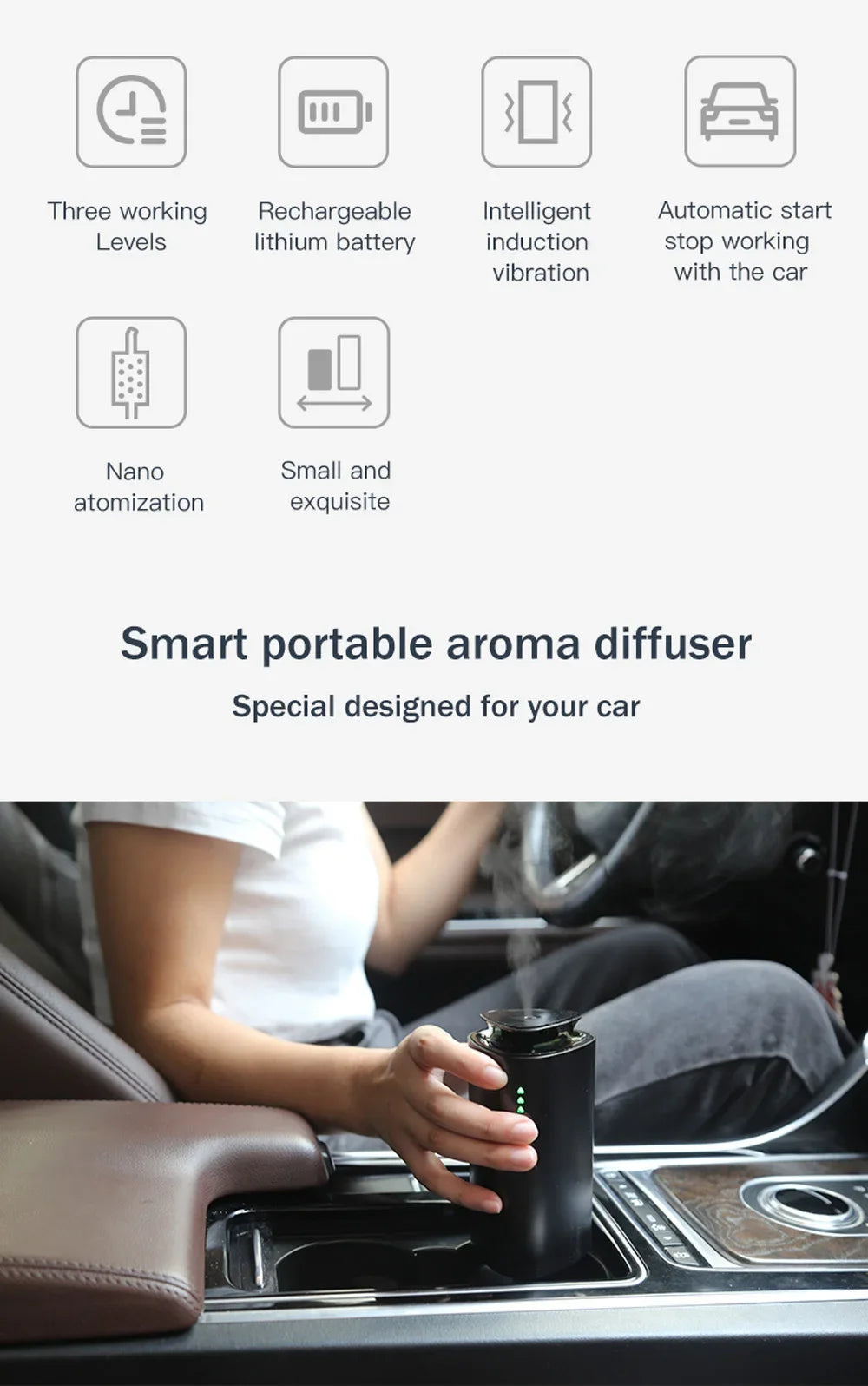 Car Diffuser Humidifier Auto Air Purifier Aromo Air Freshener USB Charging Electric Smell for Home Room Fragrance 1200mAh