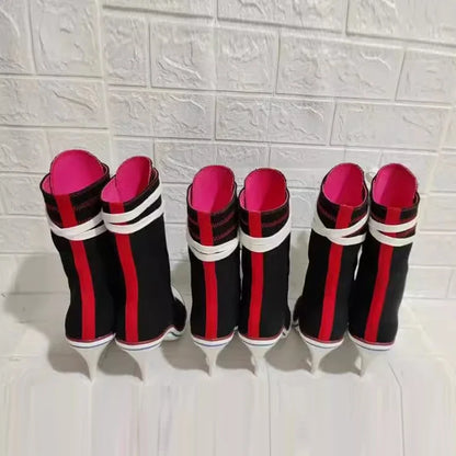 .Women Boots Design Stiletto High Heel Canvas Shoes Fashion Lady Lace up Pointed Ankle Shoes Sexy High-heeled Thin Heel Boot