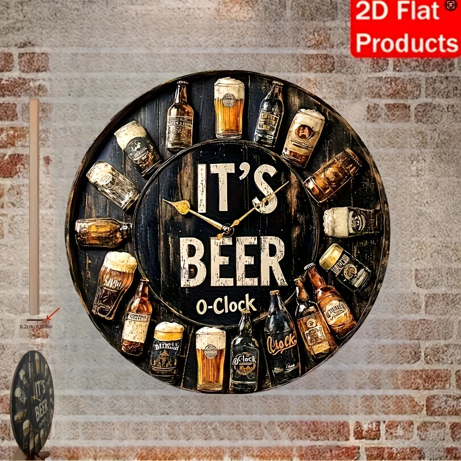 Beer O'Clock" Circular Wooden Wall Decor Sign with Beer Bottle & Glass Art - Artificial Wood Classic Home Bar Pub for