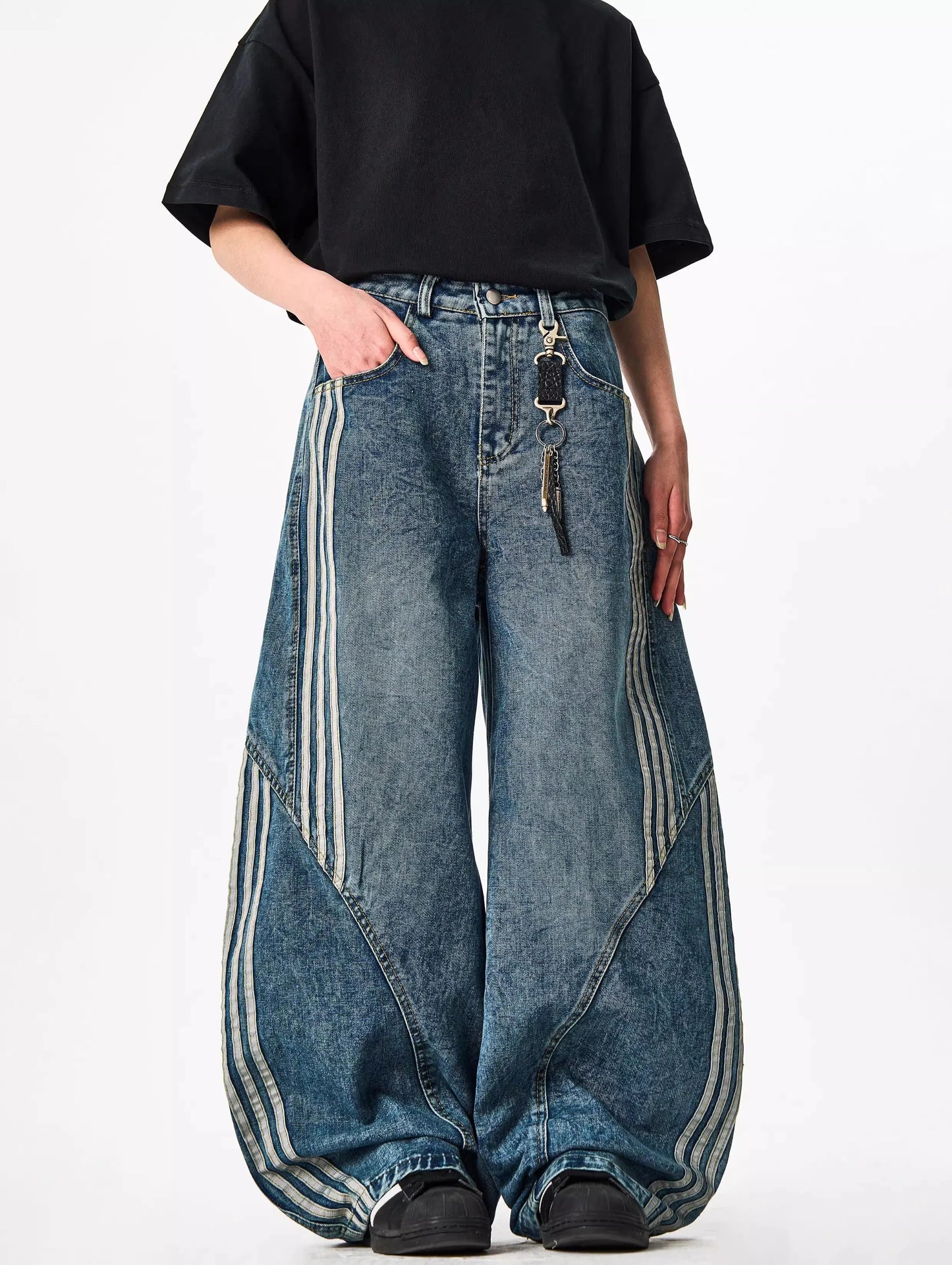 Women Wide Leg Jeans Vintage Y2K Reconstruction Custom Distressed Wash Stripe Denim Pants Trendy Comfort Fit