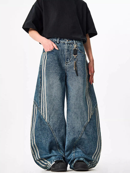 Women Wide Leg Jeans Vintage Y2K Reconstruction Custom Distressed Wash Stripe Denim Pants Trendy Comfort Fit