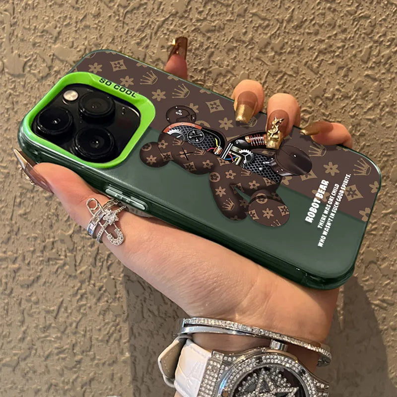 Matte Hard Case for iPhone 16 15 14 13 12 11 Pro Max XS X XR 8 7 Plus SE 2020 Luxury Retro Robot Bear Shockproof Plating Cover