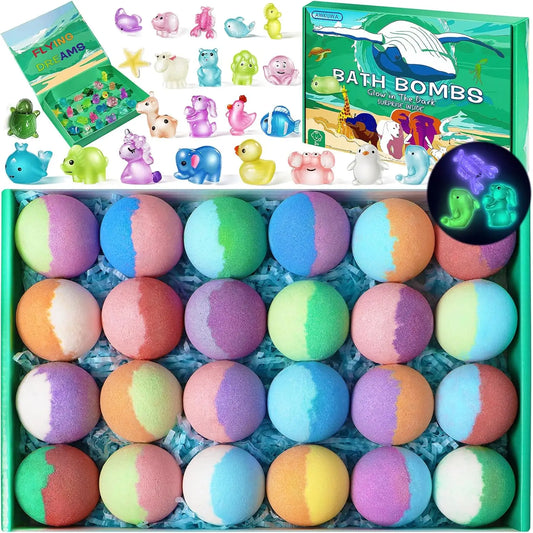 Kids Bath Bombs with Glow Toys Inside - 24 Pack Easter Gifts for Boys and Girls, Organic Bubble Bath Fizzies