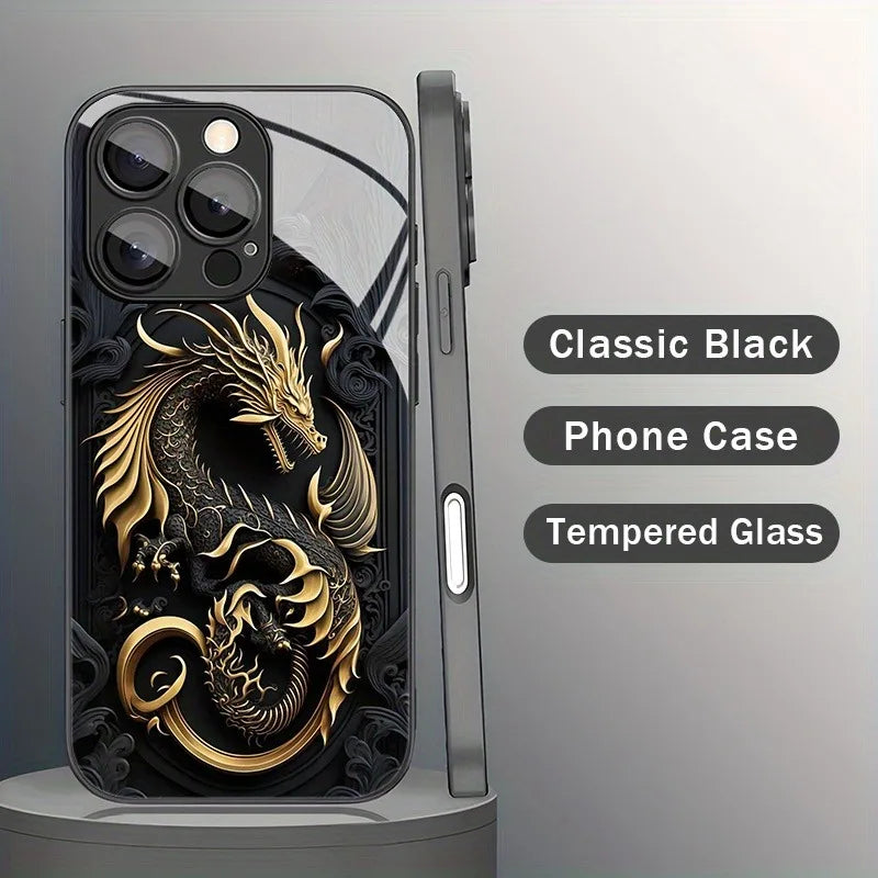 Luxury Golden Dragon Pattern Tempered Glass Black Phone Case For Samsung Galaxy S25 S24 S23 Ultra Plus FE Shockproof Cover
