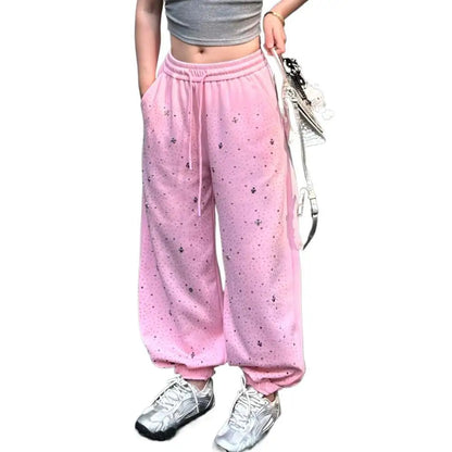 2026 Spring Hot Drilled Cotton Pants Women Elastic Waist Wide-Leg Pants Loose JLJ655