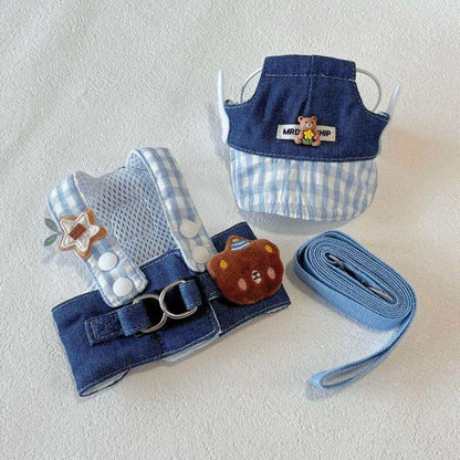 Summer Vest Dog Harness Leash Set and Dog Hat Cute Bear 2026 Dog Clothes Pet Supplies Puppy Denim Harness Cat Dog Accessories