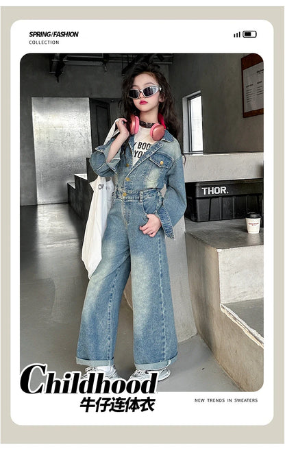 2025 Spring teen Kids girl Denim Jumpsuits Long Sleeve Overalls Children Fashion Jeans Loose Trousers Korean junior Girls Outfit