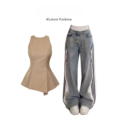 Parkyeon Women's Sleeveless Vest Top Summer Casual Wear with Jeans Set Waist-Cinching Design Comfortable Loose Fit Fashionable