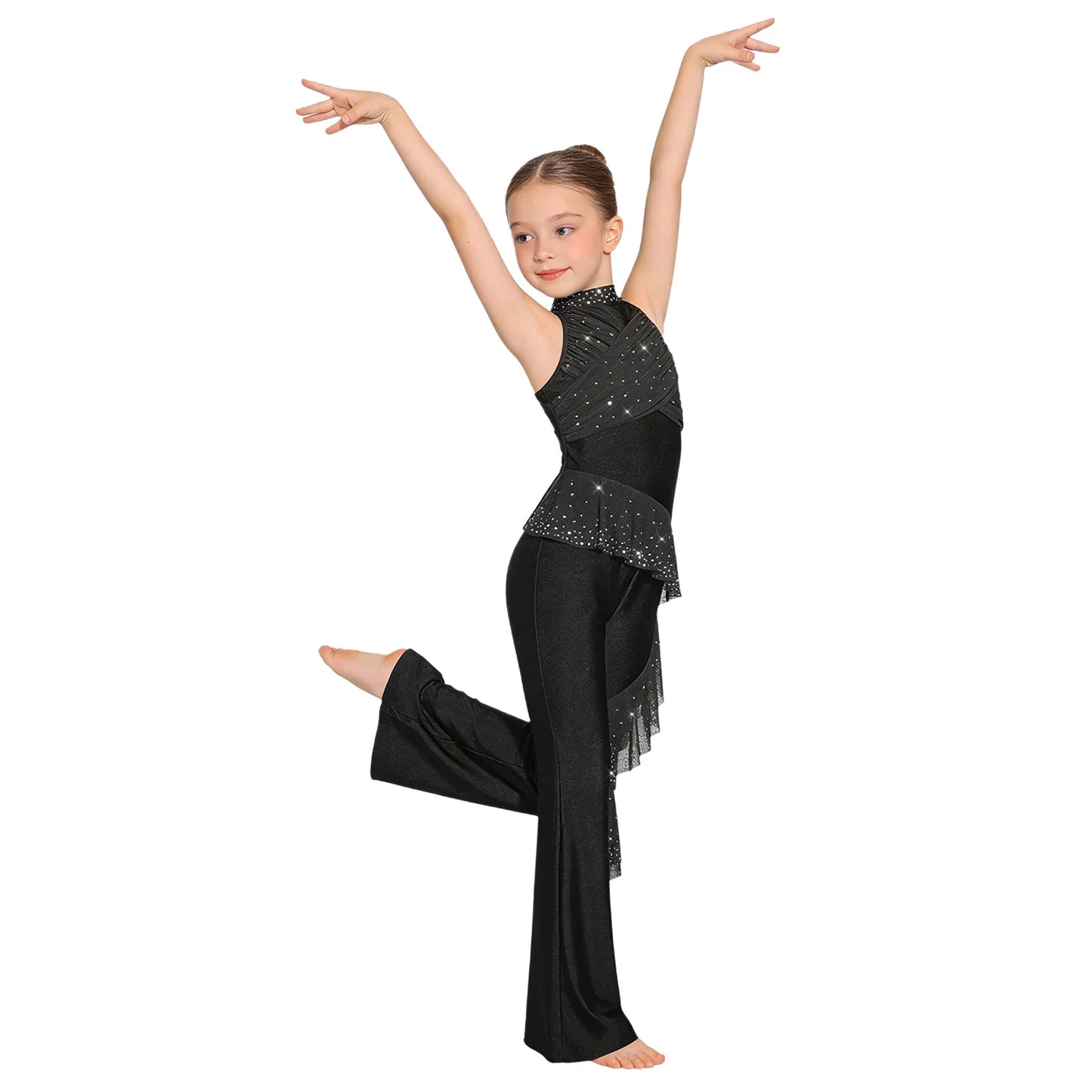Kids Girls Figure Skating Jumpsuit Ballet Gymnastics Acrobatics Dance Leotard Sleeveless Shiny Rhinestones Ruffles Mesh Bodysuit