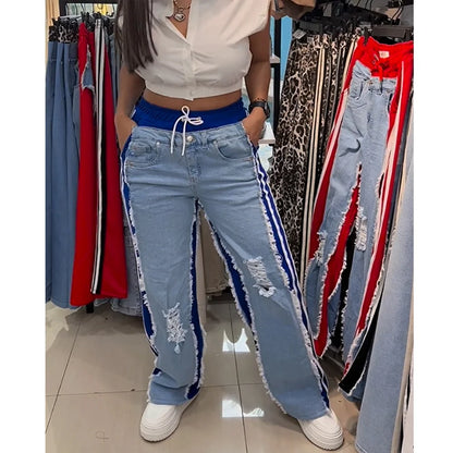 High Waist Ripped Jeans Women Colorblock Contrast Distressed Patchwork Pants Streetwear Wide Leg Long Stretch Denim Jeans