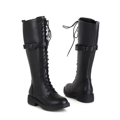 NASBAVI New Women's Long Boots Women Autumn Round Toe Flat Bottes Woman Knee High Low Heel Casual PU Leather Winter Female Shoes