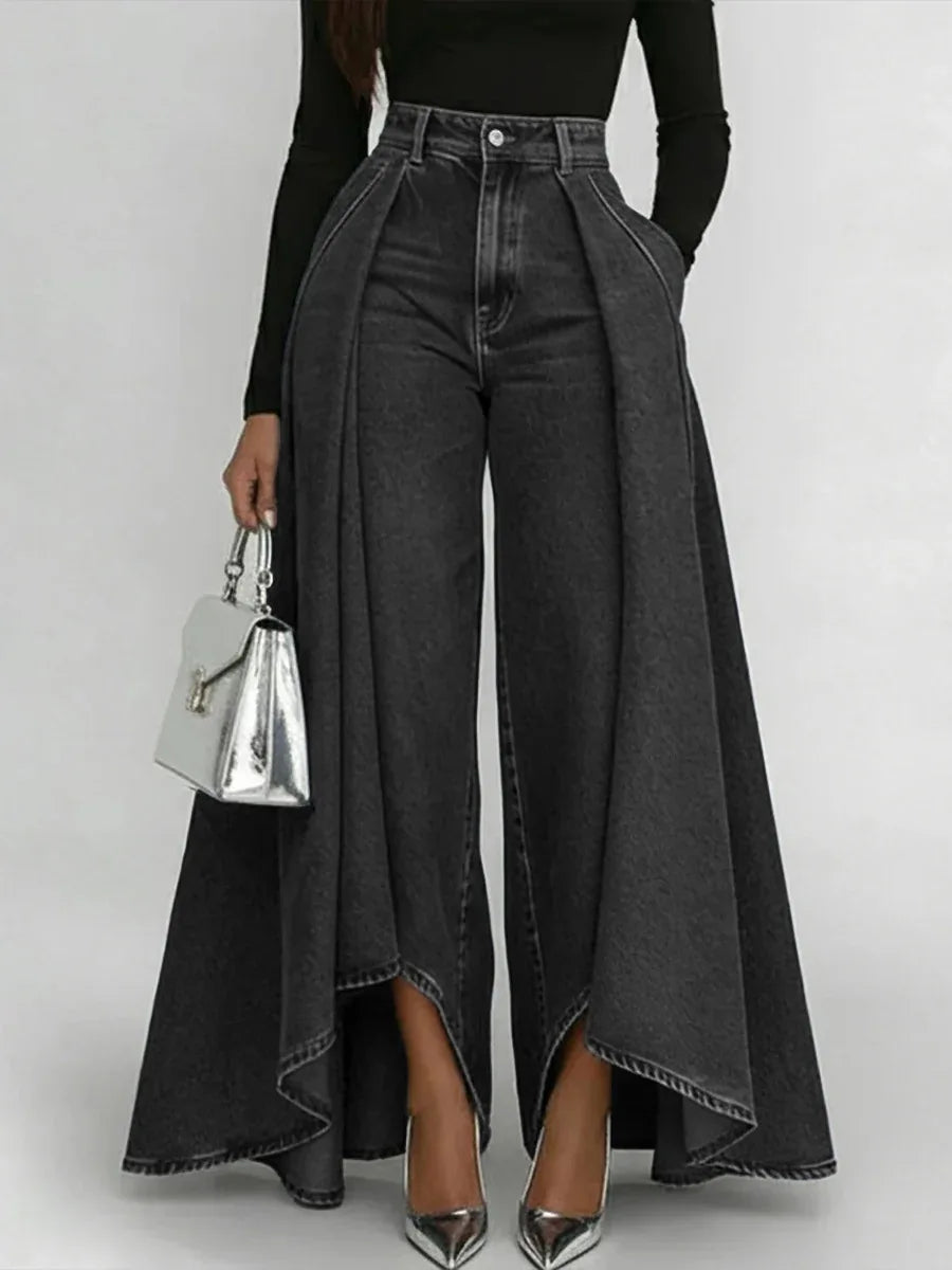 Women's High Waisted Wide Leg Jeans Overlay Flare Denim Pants With Pockets For Female High Street Elegant Fashionable Long Jeans