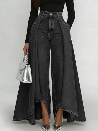 Women's High Waisted Wide Leg Jeans Overlay Flare Denim Pants With Pockets For Female High Street Elegant Fashionable Long Jeans