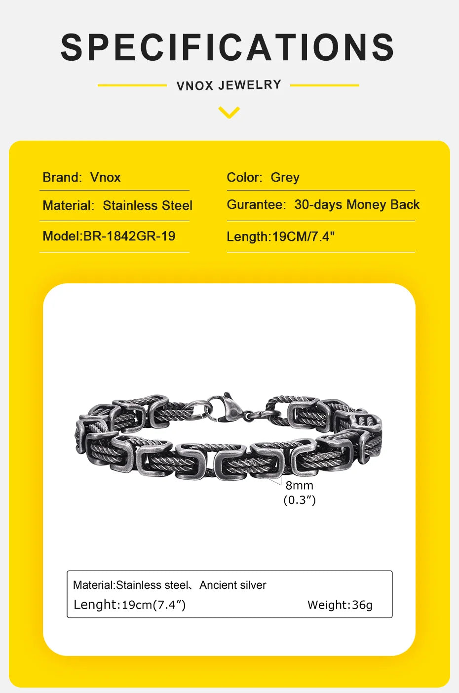 ‌Vnox Stainless Steel Byzantine Bracelet for Men, 8mm Wide Vintage Style Bold Square Links Chain Wristband, Father's Day Gift