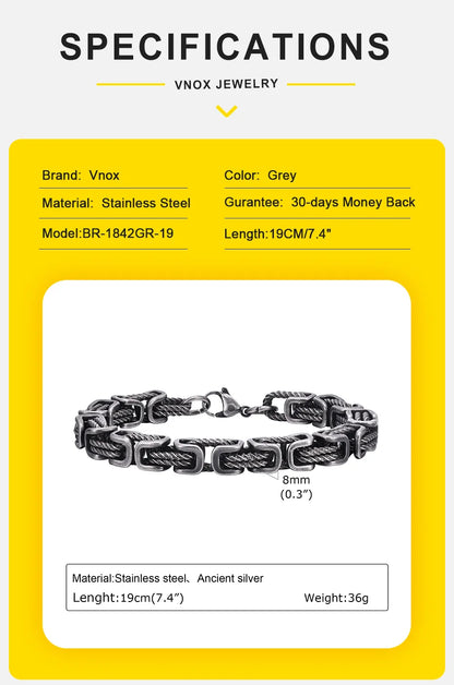 ‌Vnox Stainless Steel Byzantine Bracelet for Men, 8mm Wide Vintage Style Bold Square Links Chain Wristband, Father's Day Gift