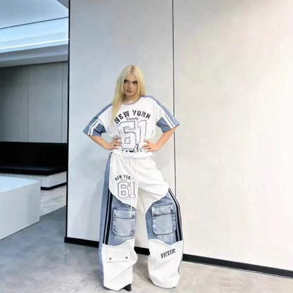 European Casual Suit Women's 2026 Spring and Summer New Letter-printed Trousers Denim Splicing Ripped Short-sleeved Top