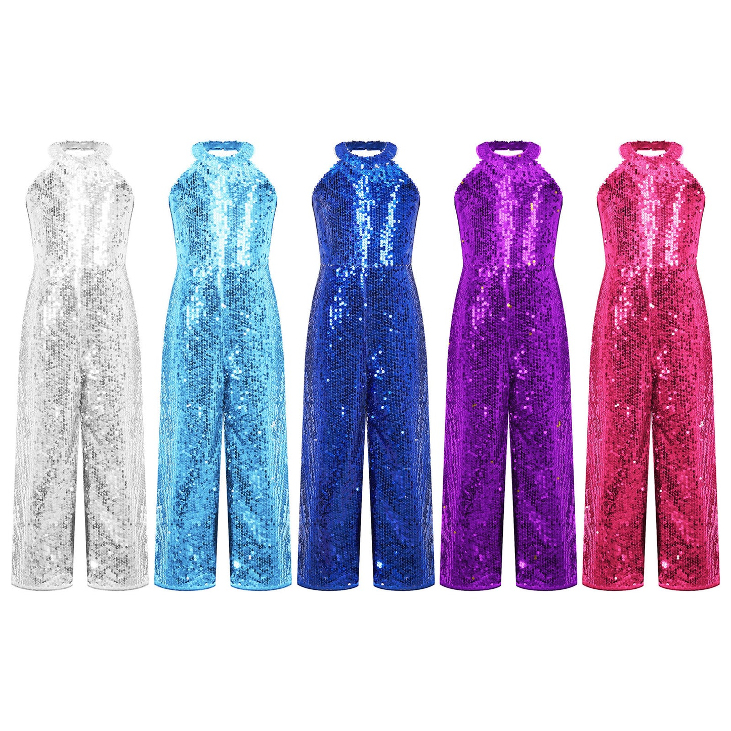 Kids Girls Jazz Dance Performance Jumpsuit Shiny Sequin Sleeveless Halter Romper Birthday Wedding Party Dancing Prom Bodysuit