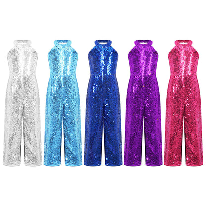 Kids Girls Jazz Dance Performance Jumpsuit Shiny Sequin Sleeveless Halter Romper Birthday Wedding Party Dancing Prom Bodysuit