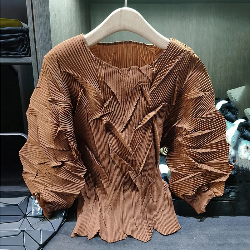 LANMREM New Batwing Sleeve Pleated Women's T-shirt American Style Loose Versatile Chic Round Collar Pullover Tops 2DB6558