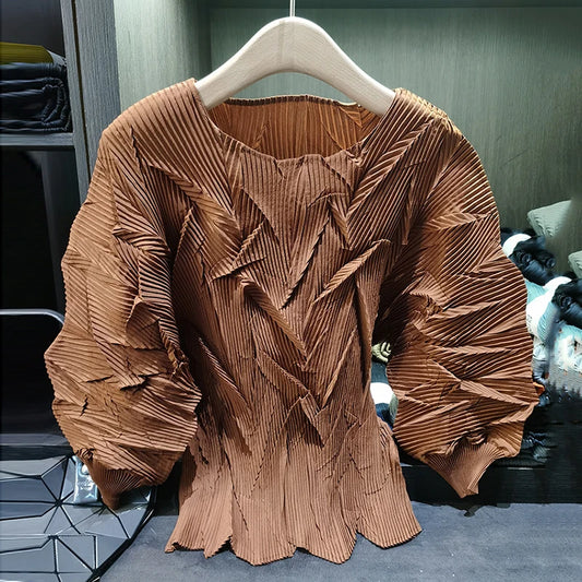 LANMREM New Batwing Sleeve Pleated Women's T-shirt American Style Loose Versatile Chic Round Collar Pullover Tops 2DB6558