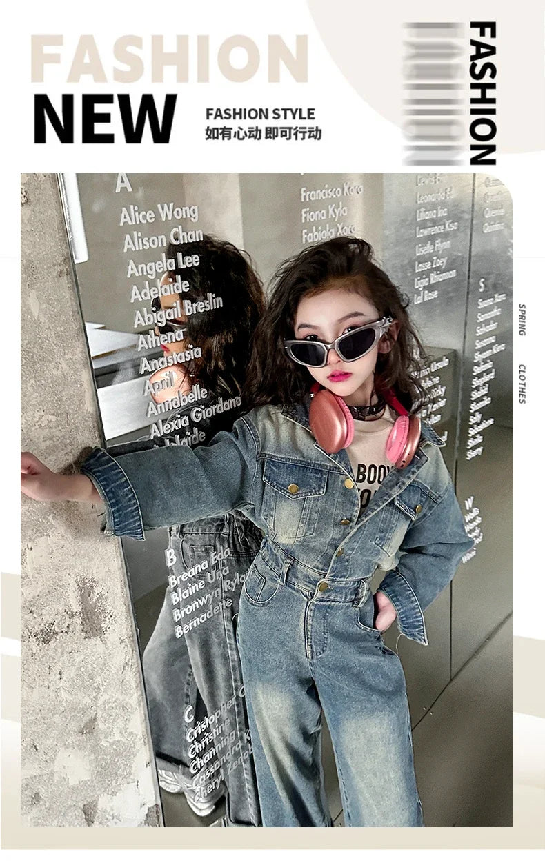 2025 Spring teen Kids girl Denim Jumpsuits Long Sleeve Overalls Children Fashion Jeans Loose Trousers Korean junior Girls Outfit