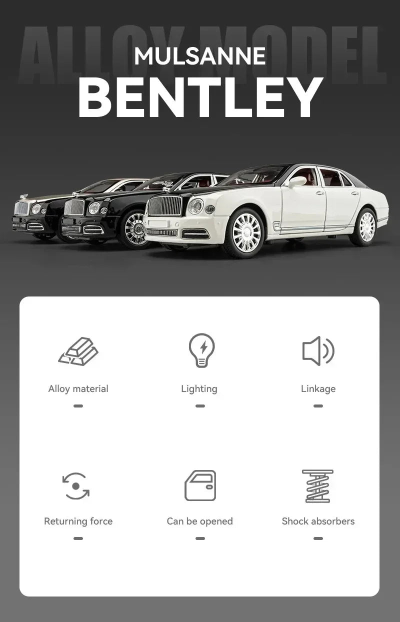 Diecast 1:24 Scale Bentley Mulsanne Alloy Model Car Collection Vehicle Simulation Sound & Light Metal Toy Gift