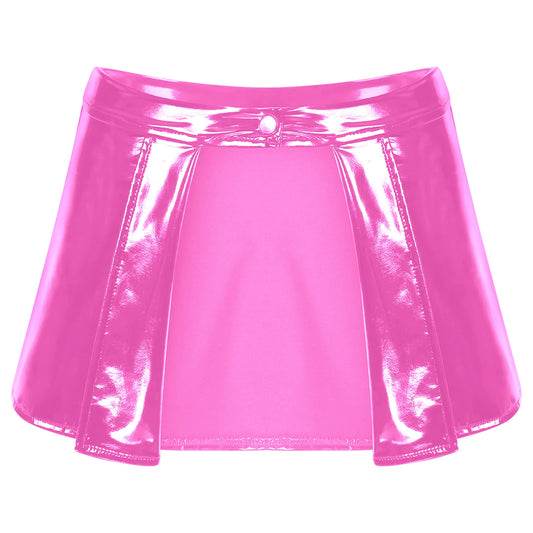 Womens Patent Leather Mini Skirt Female Wet Look Clubwear Rave Custom for Pole Dancing Open Front One Button Bodycon Skirts