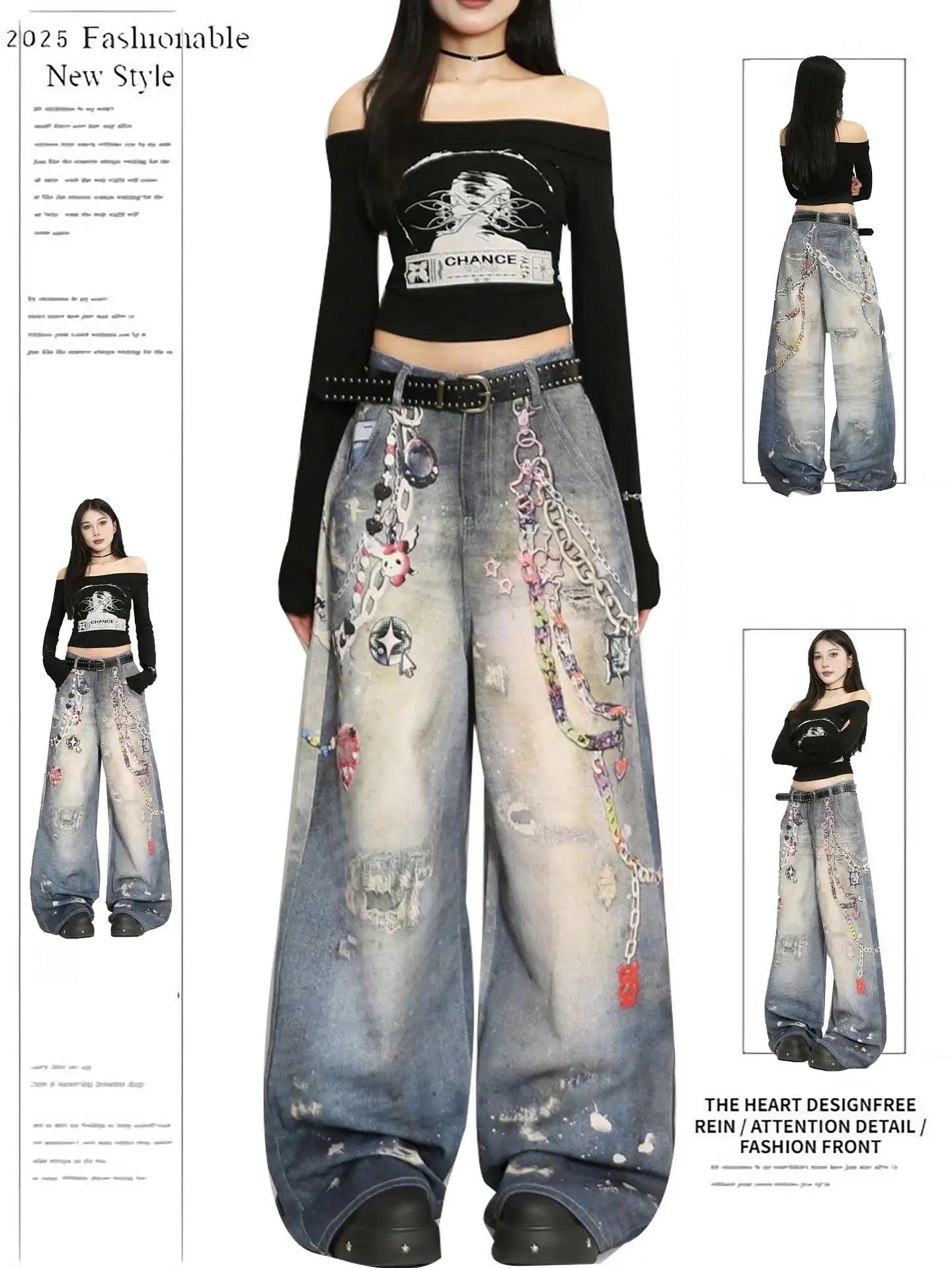 Fashion Y2K Baggy Pants Women's Cartoon Embroidery Loose Wide Leg Jeans Streetwear Aesthetic Casual Trousers