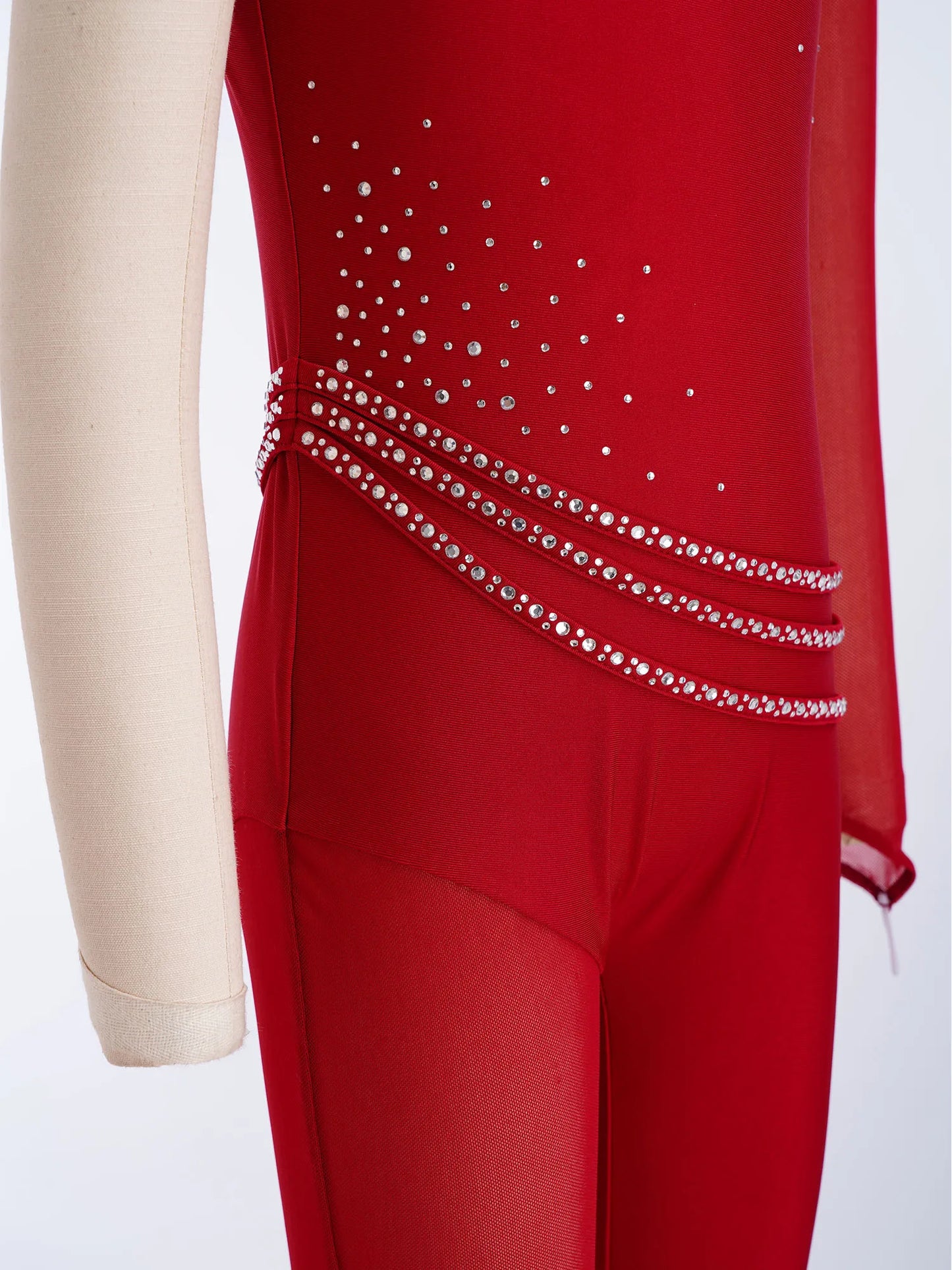 Kids Girls Ballet Dance Gymnastics Leotard Shiny Rhinestones Mesh Asymmetrical Jumpsuit for Figure Skating Acrobatic Performance
