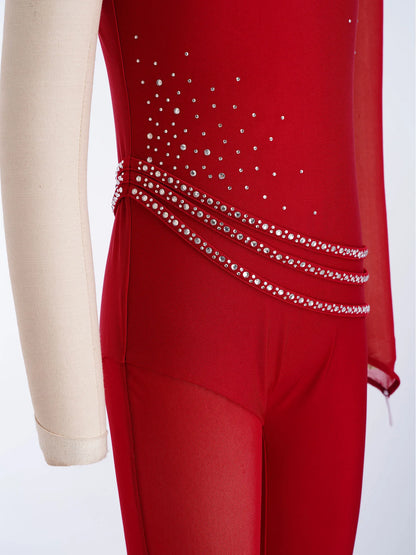 Kids Girls Ballet Dance Gymnastics Leotard Shiny Rhinestones Mesh Asymmetrical Jumpsuit for Figure Skating Acrobatic Performance