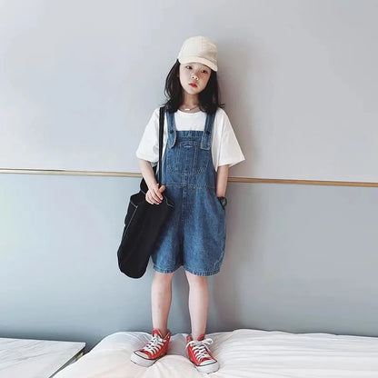 Girls' Fashionable Denim Overalls Medium Big Children's Casual Loose Denim Shorts Korean Style Baby Girl's Denim Overalls Shorts
