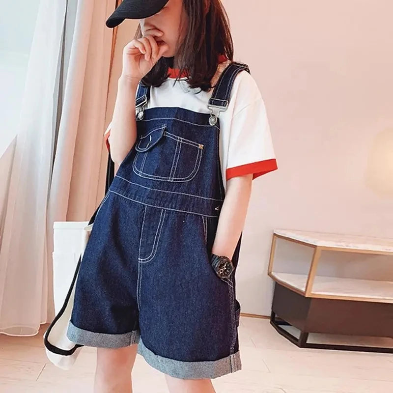 Girls' Fashionable Denim Overalls Medium Big Children's Casual Loose Denim Shorts Korean Style Baby Girl's Denim Overalls Shorts