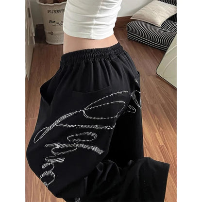 2026 Spring Women Black Gothic Baggy Y2k Letter Pants Aesthetic 2000s Vintage Oversize Hip-pop Sweatpants Wide Leg Trousers