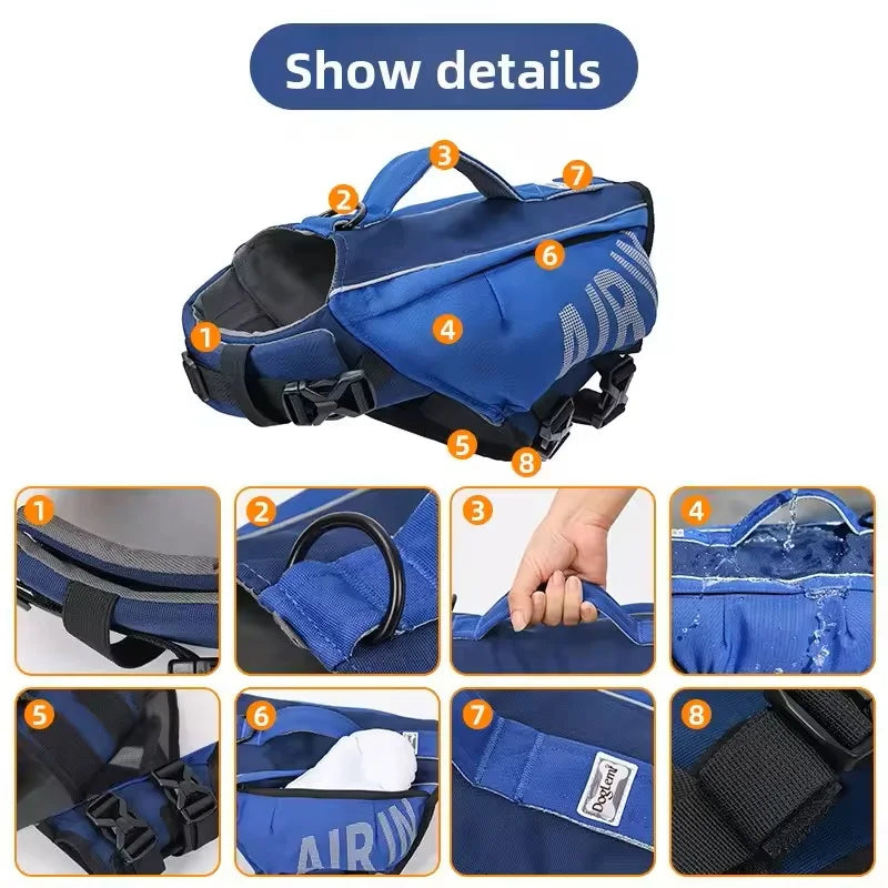 Dog Life Jacket with Airbag & Reflective Strips, Adjustable Dog Vest for Swimming Safety, Oxford Cloth, S/M/L, Red/Army/Blue
