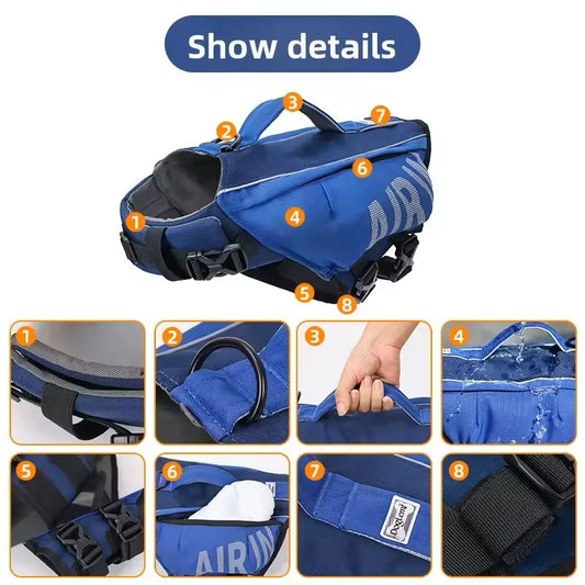Dog Life Jacket with Airbag & Reflective Strips, Adjustable Dog Vest for Swimming Safety, Oxford Cloth, S/M/L, Red/Army/Blue