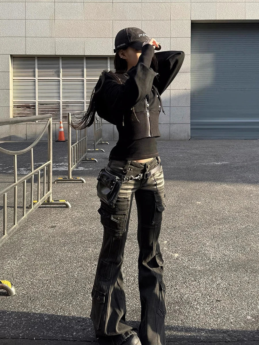 REDDACHiC Black Low Waist Cargo Jeans 2000s Distressed Whiskers Multi-pocket Stretch Bootcut Pants Women Retro Grunge Streetwear