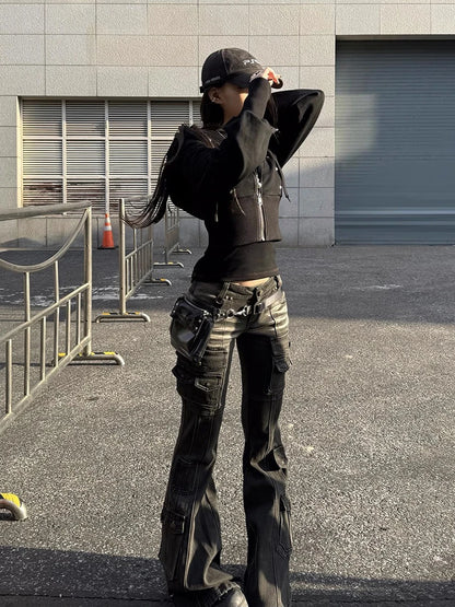 REDDACHiC Black Low Waist Cargo Jeans 2000s Distressed Whiskers Multi-pocket Stretch Bootcut Pants Women Retro Grunge Streetwear